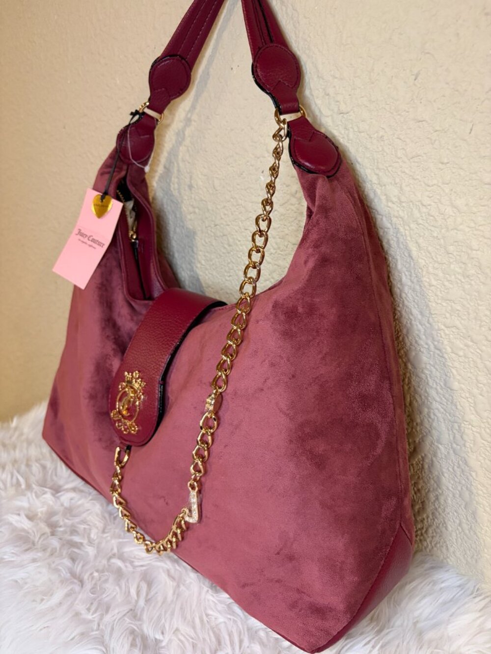 Juicy Couture Royal Crest Hobo Bag Cranberry Juice Velour Chain NWT - Picture 4 of 8